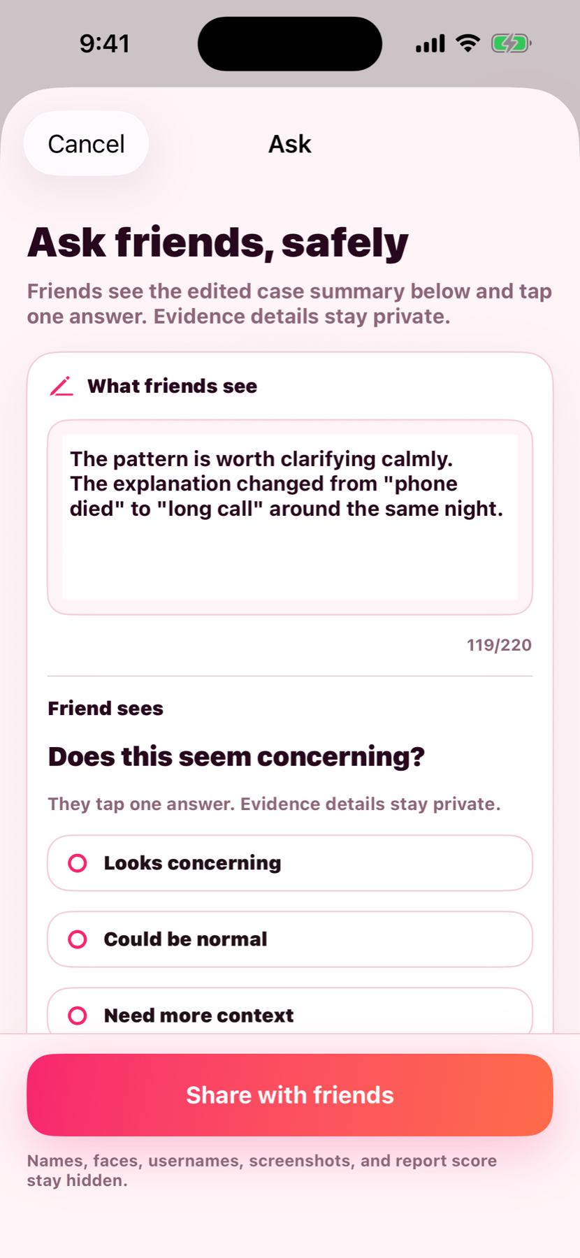 Cheater AI Friend Check preview with an edited summary and three simple answer options