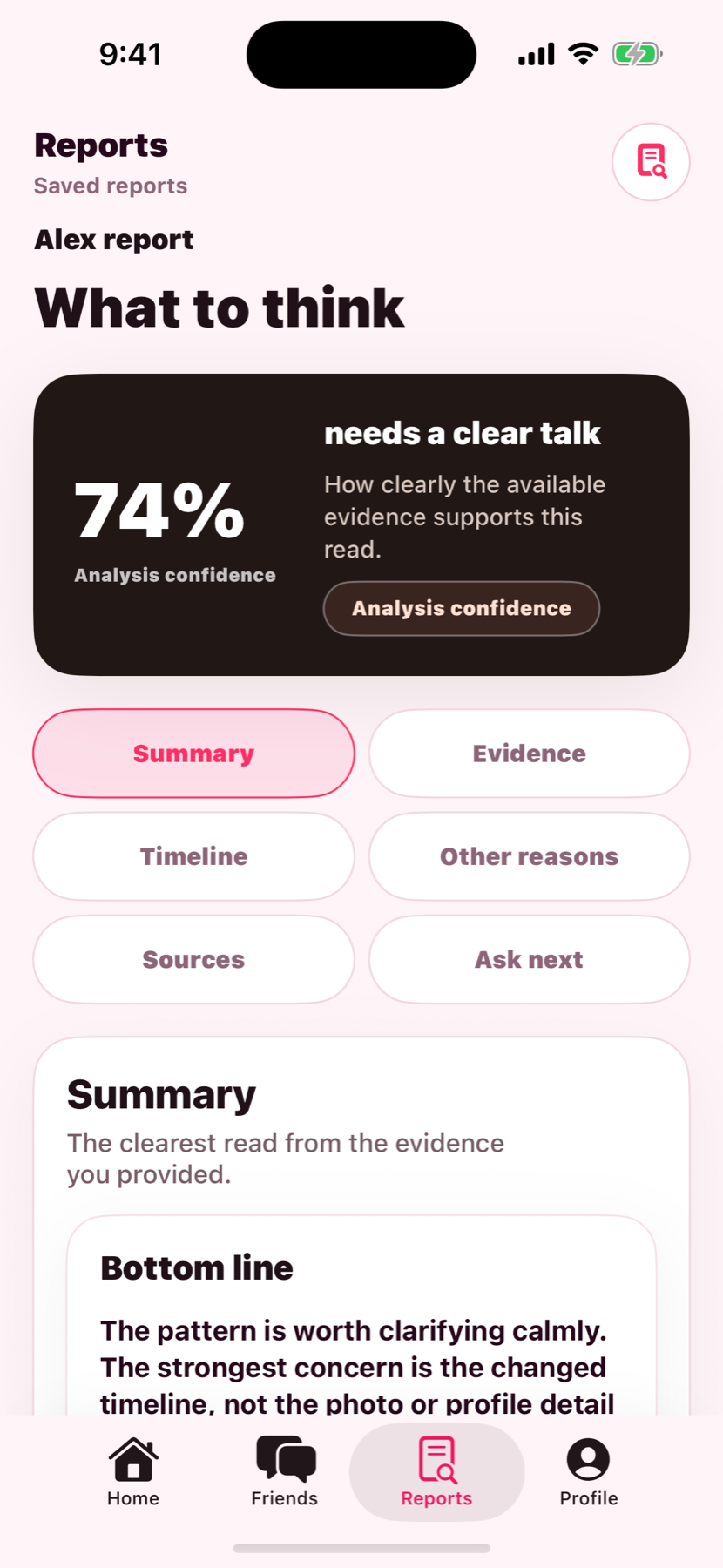 Cheater AI report showing analysis confidence, evidence sections, and next questions